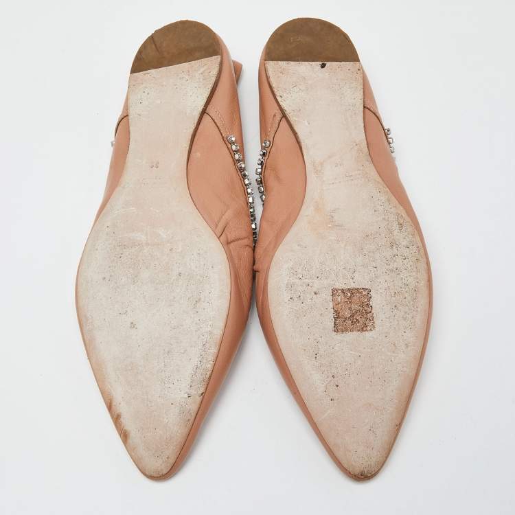 Pre Owned Miu Miu Beige Leather Crystal Embellished Smoking Slippers  Size 39