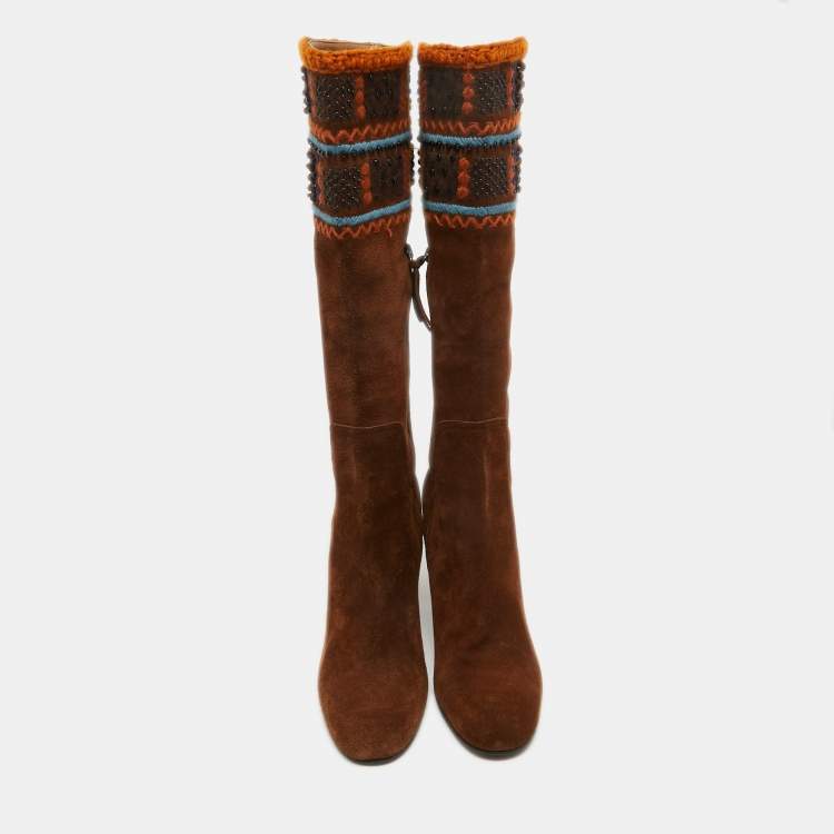 Pre Owned Miu Miu Brown Suede Embellished Knee Length Boots Size 40.5 