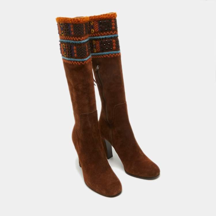 Pre Owned Miu Miu Brown Suede Embellished Knee Length Boots Size 40.5 