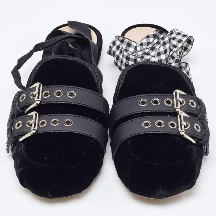 Pre Owned Miu Miu Black Velvet and Leather Strappy Flat Mules Size 42