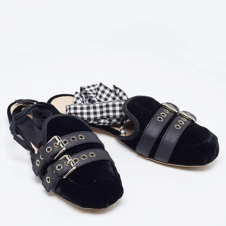 Pre Owned Miu Miu Black Velvet and Leather Strappy Flat Mules Size 42