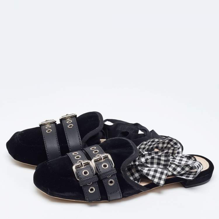 Pre Owned Miu Miu Black Velvet and Leather Strappy Flat Mules Size 42