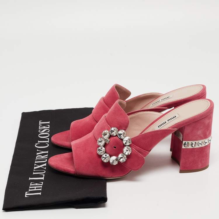 Pre Owned Miu Miu Pink Suede Crystal Embellished Block Heel Sandals Size 40