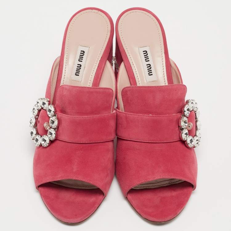 Pre Owned Miu Miu Pink Suede Crystal Embellished Block Heel Sandals Size 40