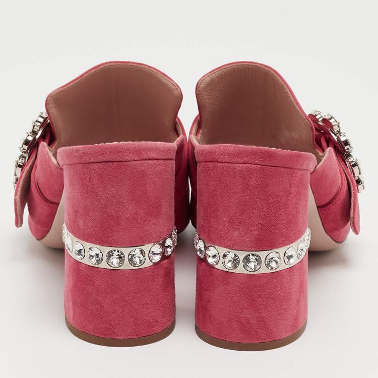 Pre Owned Miu Miu Pink Suede Crystal Embellished Block Heel Sandals Size 40