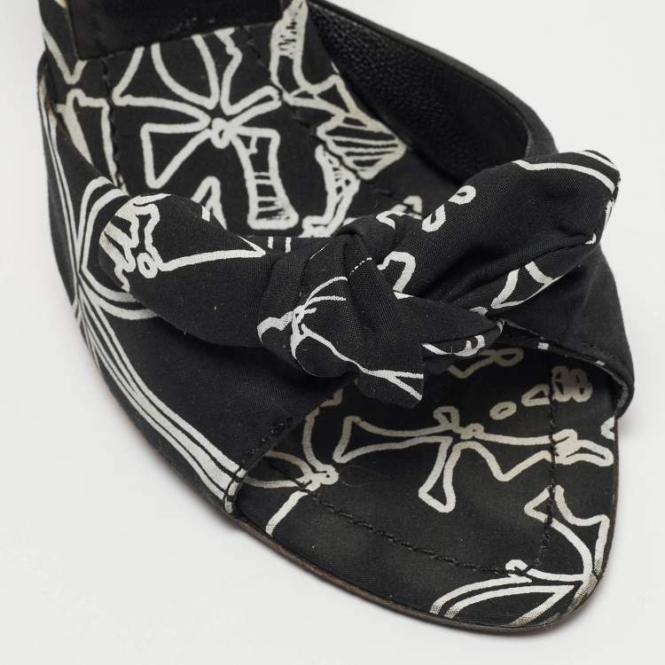 Pre Owned Miu Miu Black/White Fabric Bow Ankle Strap Sandals Size 36