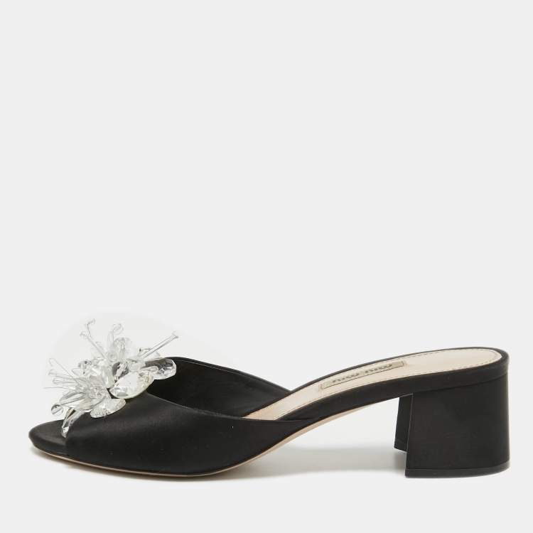 Pre Owned Miu Miu Black Satin Crystal Embellished Peep Toe Block Heel Slides Size 38