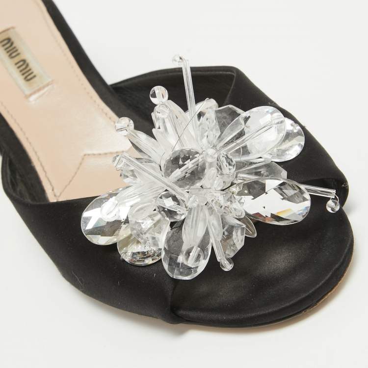 Pre Owned Miu Miu Black Satin Crystal Embellished Peep Toe Block Heel Slides Size 38