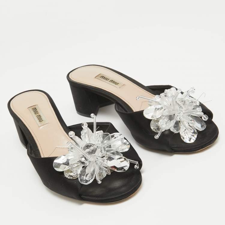 Pre Owned Miu Miu Black Satin Crystal Embellished Peep Toe Block Heel Slides Size 38