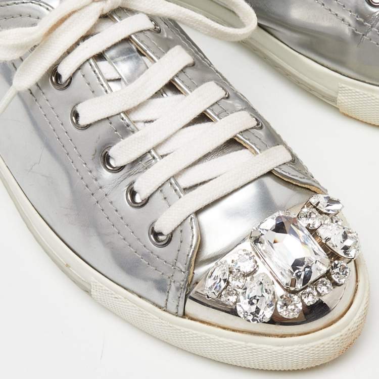 Pre Owned Miu Miu Silver Patent Leather Crystal Embellished Cap-Toe Low-Top Sneakers Size 38.5