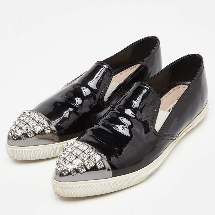 Pre Owned Miu Miu Black Patent Leather Crystals Embellished Slip On Loafers Size 38