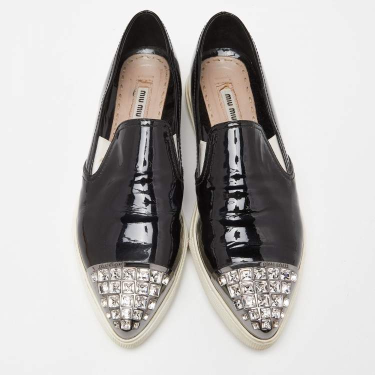 Pre Owned Miu Miu Black Patent Leather Crystals Embellished Slip On Loafers Size 38