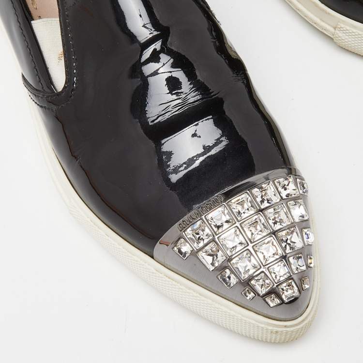 Pre Owned Miu Miu Black Patent Leather Crystals Embellished Slip On Loafers Size 38