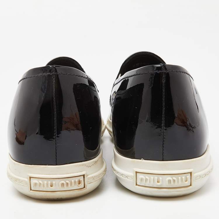 Pre Owned Miu Miu Black Patent Leather Crystals Embellished Slip On Loafers Size 38