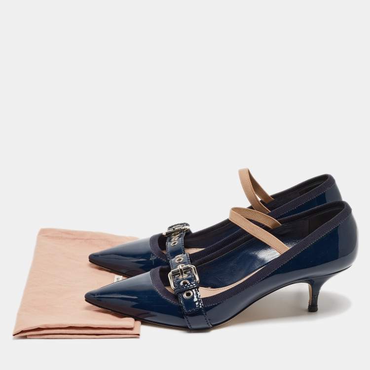 Pre Owned Miu Miu Navy Blue Patent Pointed Toe Buckle Pumps Size 38.5