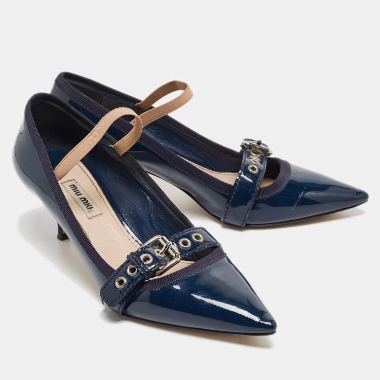 Pre Owned Miu Miu Navy Blue Patent Pointed Toe Buckle Pumps Size 38.5