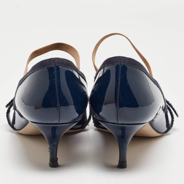 Pre Owned Miu Miu Navy Blue Patent Pointed Toe Buckle Pumps Size 38.5