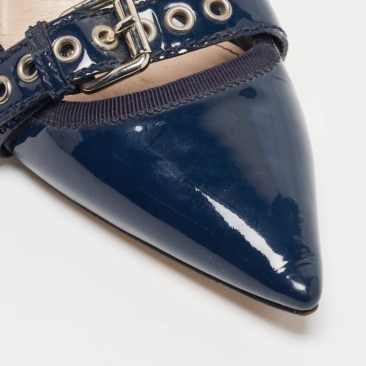 Pre Owned Miu Miu Navy Blue Patent Pointed Toe Buckle Pumps Size 38.5