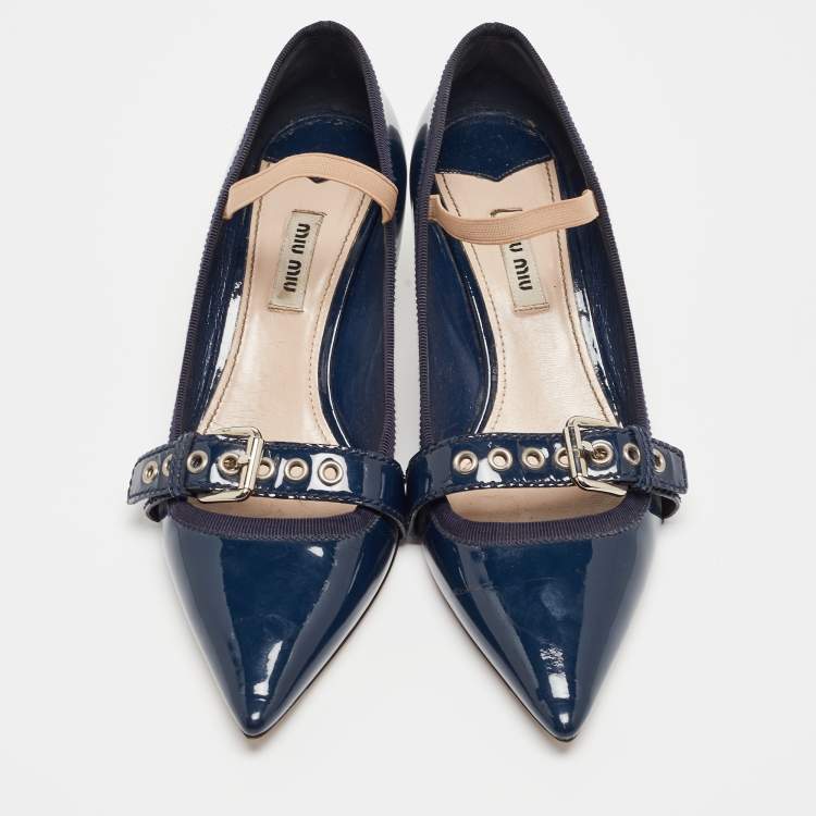 Pre Owned Miu Miu Navy Blue Patent Pointed Toe Buckle Pumps Size 38.5