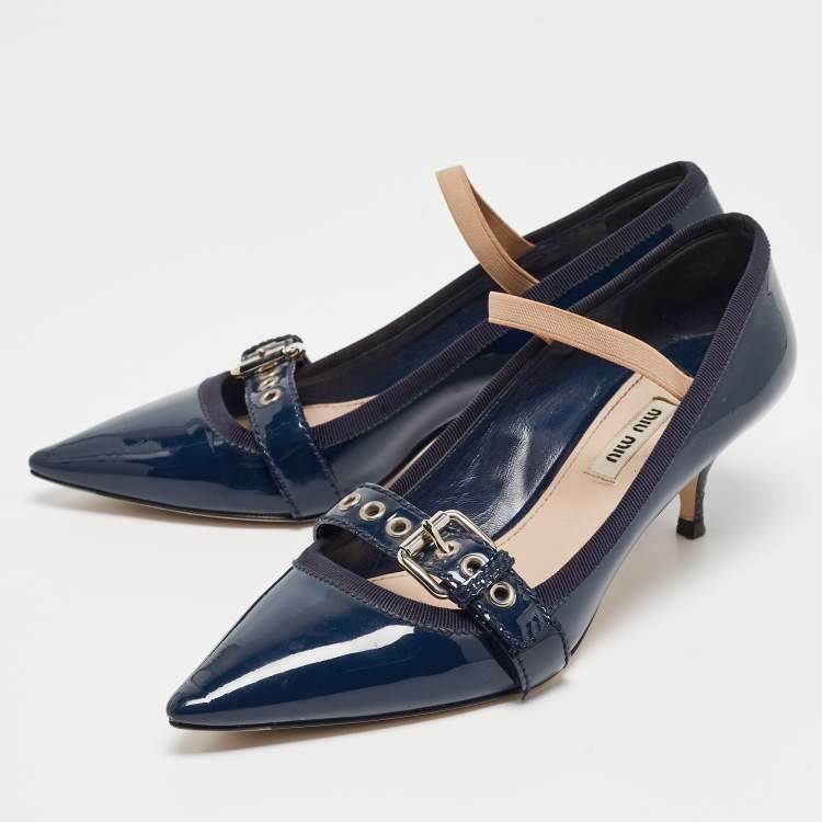 Pre Owned Miu Miu Navy Blue Patent Pointed Toe Buckle Pumps Size 38.5