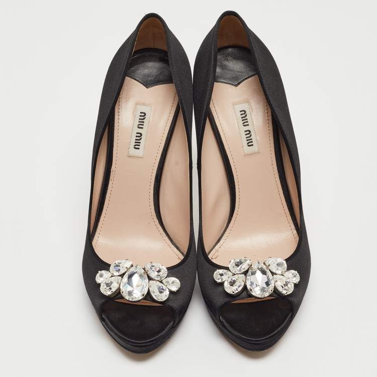 Pre Owned Miu Miu Black Satin Crystal Embellished Open Toe Pumps Size 40.5