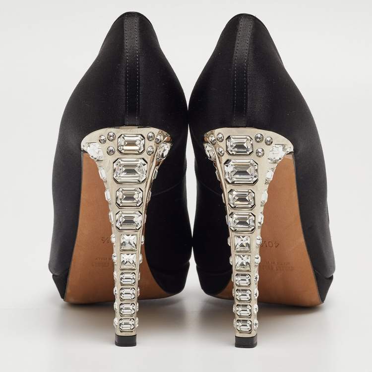 Pre Owned Miu Miu Black Satin Crystal Embellished Open Toe Pumps Size 40.5