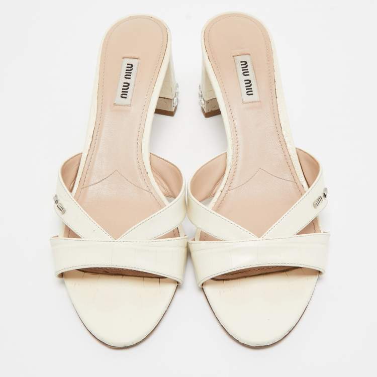 Pre Owned Miu Miu Off White Croc Embossed Leather Slide Sandals Size 41