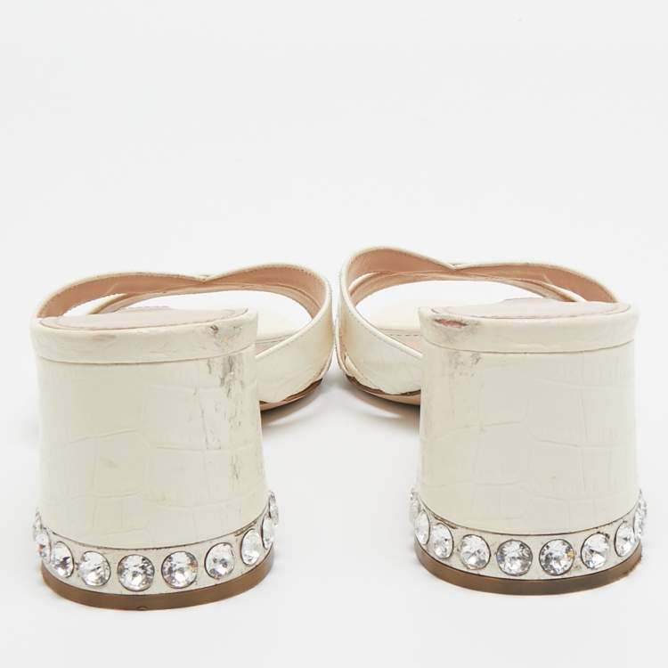 Pre Owned Miu Miu Off White Croc Embossed Leather Slide Sandals Size 41