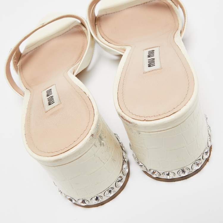 Pre Owned Miu Miu Off White Croc Embossed Leather Slide Sandals Size 41