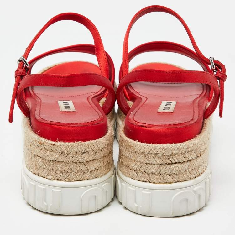 Pre Owned Miu Miu Red Satin Espadrille Ankle Strap Platform Sandals Size 38