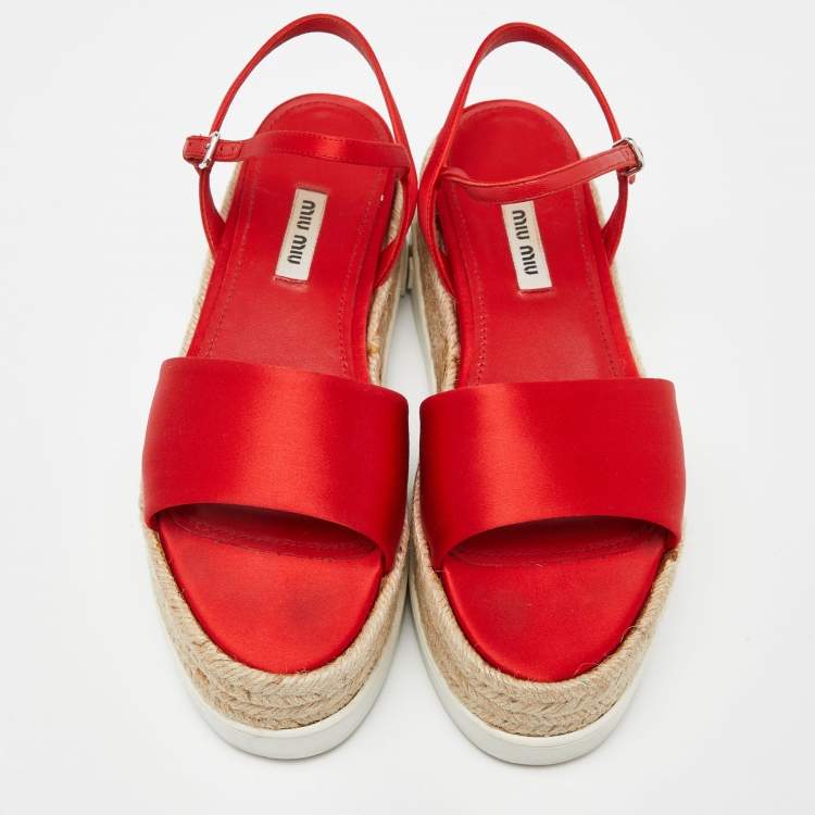 Pre Owned Miu Miu Red Satin Espadrille Ankle Strap Platform Sandals Size 38