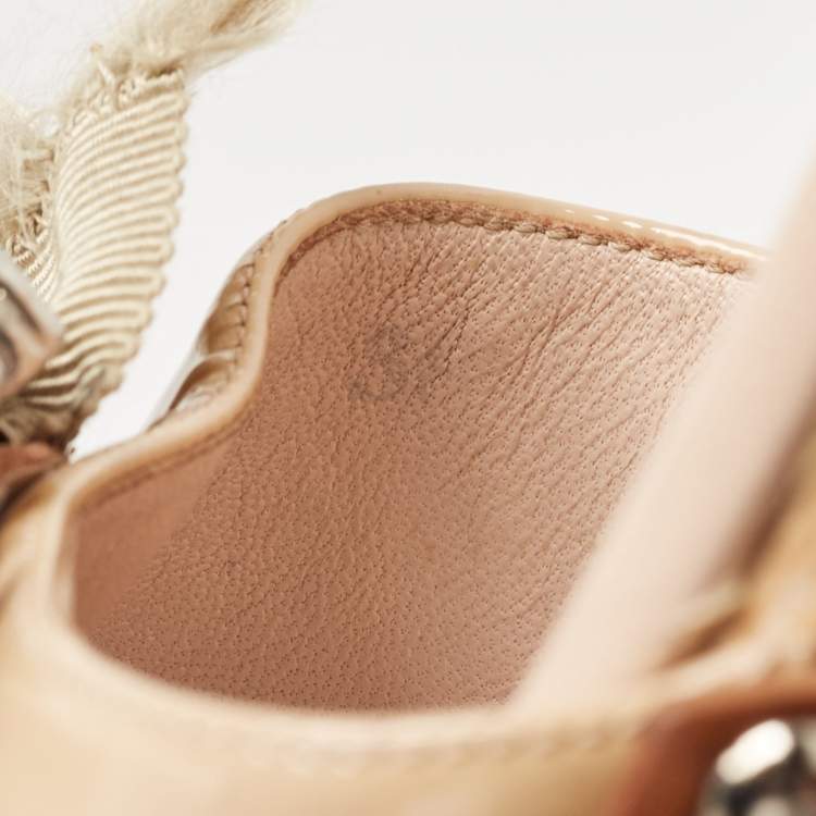 Pre Owned Miu Miu Beige Patent Leather Crystal Embellished Clogs Size 38