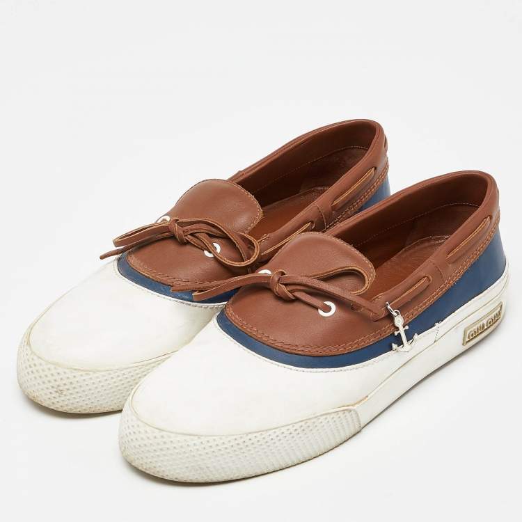 Pre Owned Miu Miu Tri Color Leather Slip On Sneakers Size 39.5