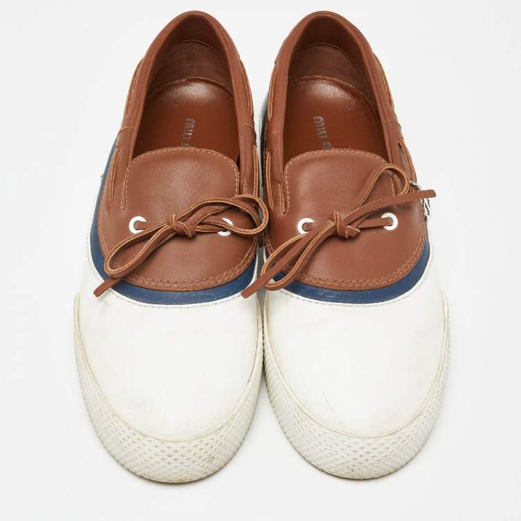 Pre Owned Miu Miu Tri Color Leather Slip On Sneakers Size 39.5