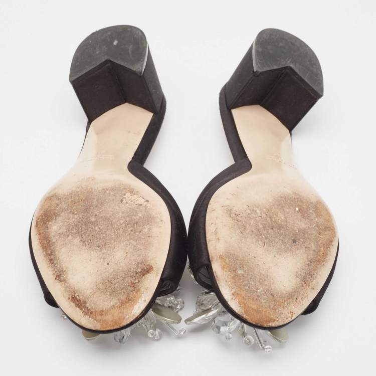 Pre Owned Miu Miu Black Satin Crystal  Embellished Peep Toe Sandals Size 41