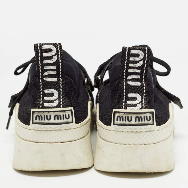 Pre Owned Miu Miu Black Knit Fabric Lace Up Sneakers Size 38