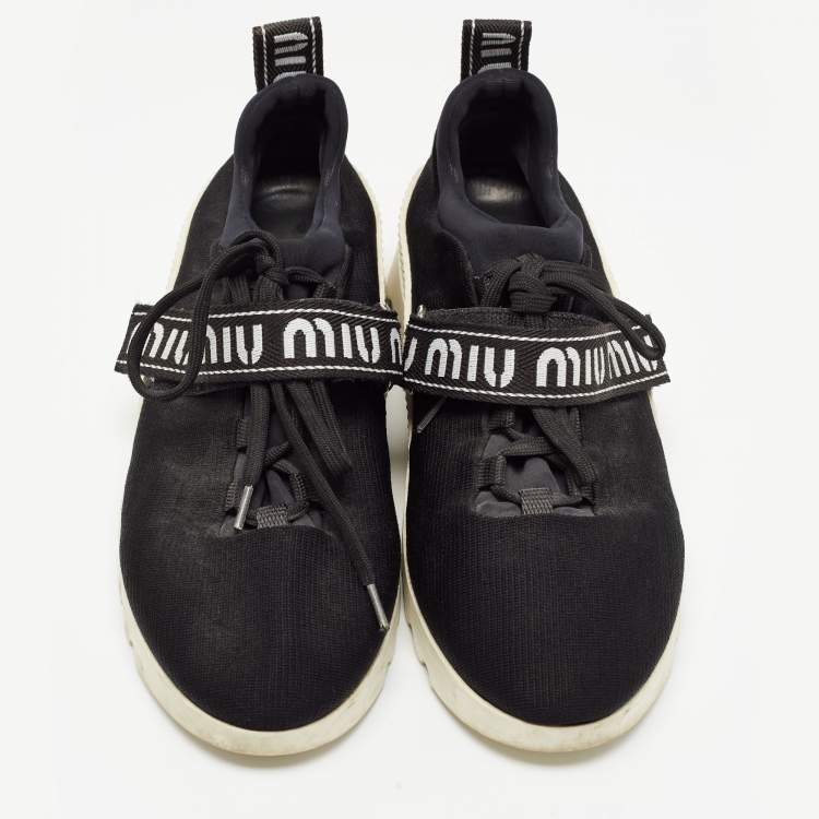 Pre Owned Miu Miu Black Knit Fabric Lace Up Sneakers Size 38