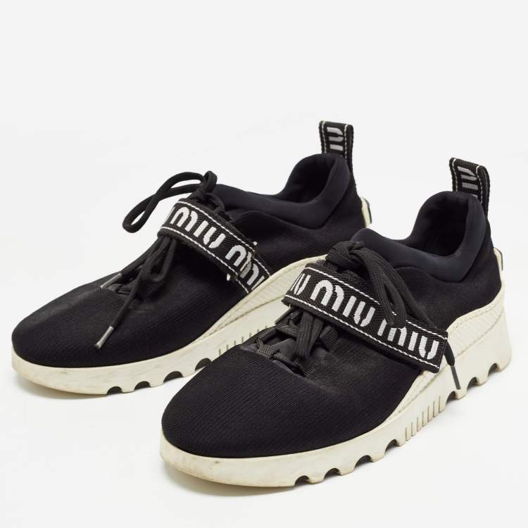 Pre Owned Miu Miu Black Knit Fabric Lace Up Sneakers Size 38