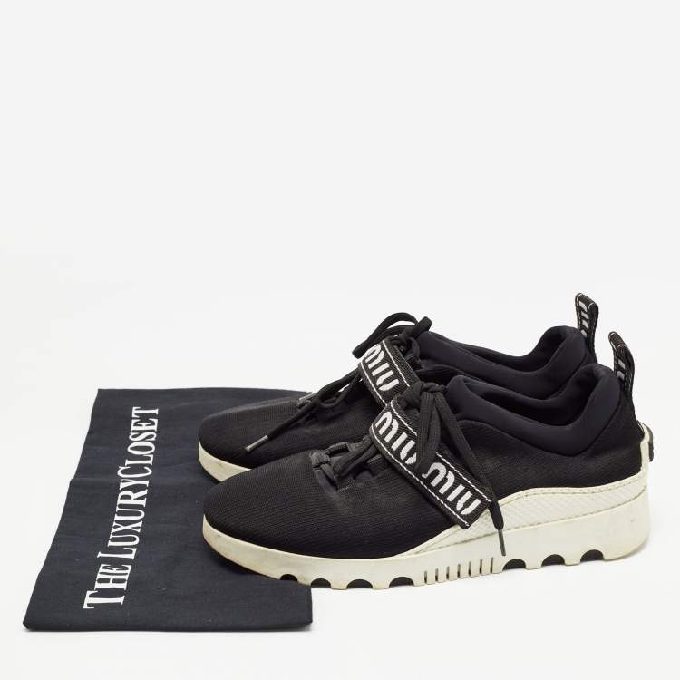 Pre Owned Miu Miu Black Knit Fabric Lace Up Sneakers Size 38