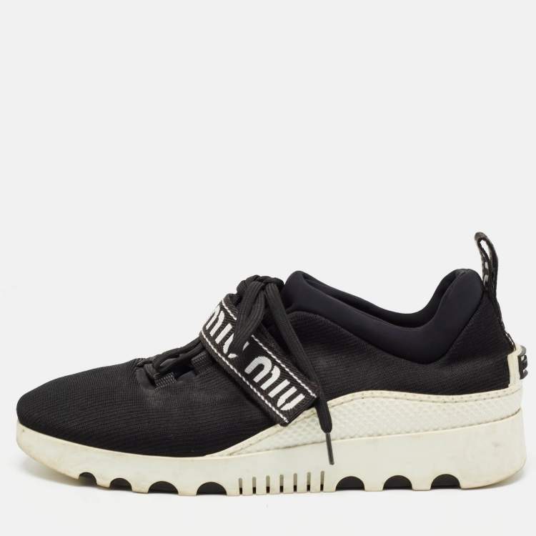 Pre Owned Miu Miu Black Knit Fabric Lace Up Sneakers Size 38