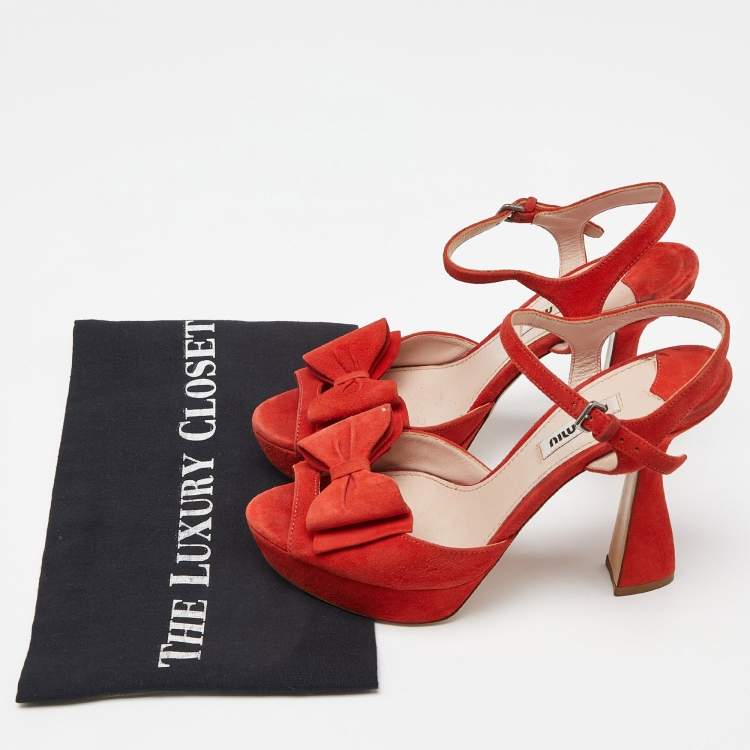 Pre Owned Miu Miu Orange Suede Platform Ankle-Strap Sandals Size 36.5