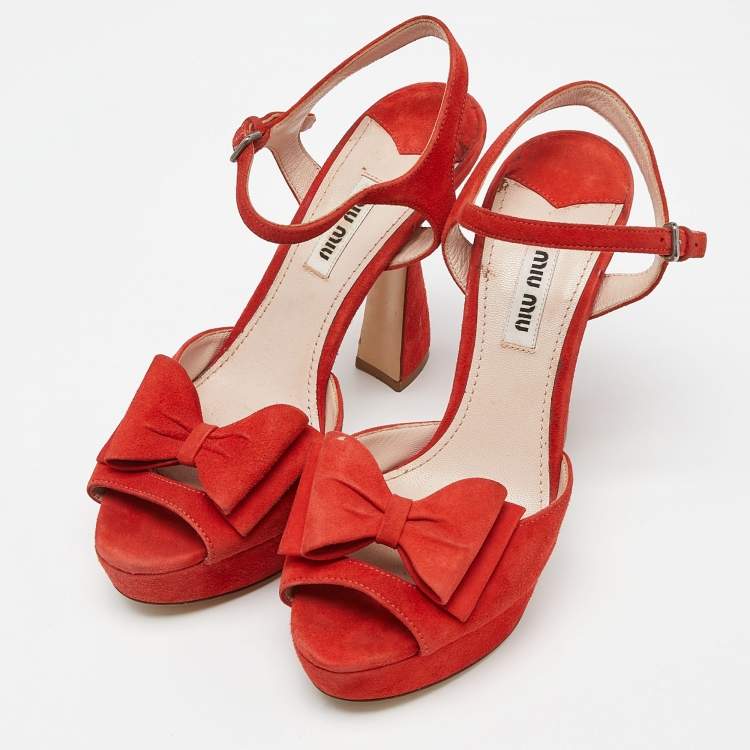 Pre Owned Miu Miu Orange Suede Platform Ankle-Strap Sandals Size 36.5