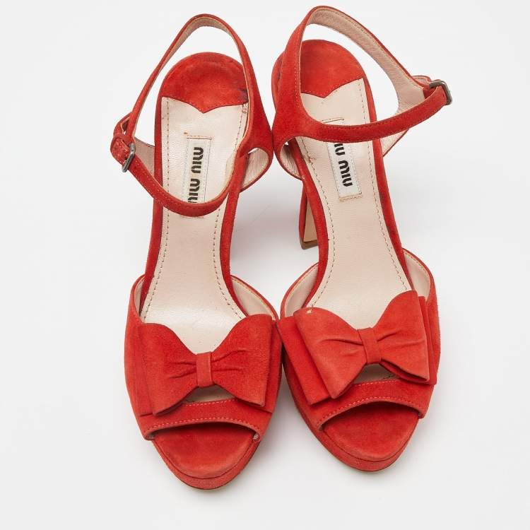 Pre Owned Miu Miu Orange Suede Platform Ankle-Strap Sandals Size 36.5