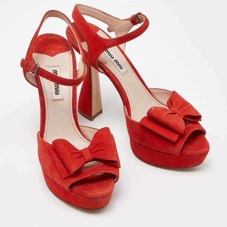 Pre Owned Miu Miu Orange Suede Platform Ankle-Strap Sandals Size 36.5