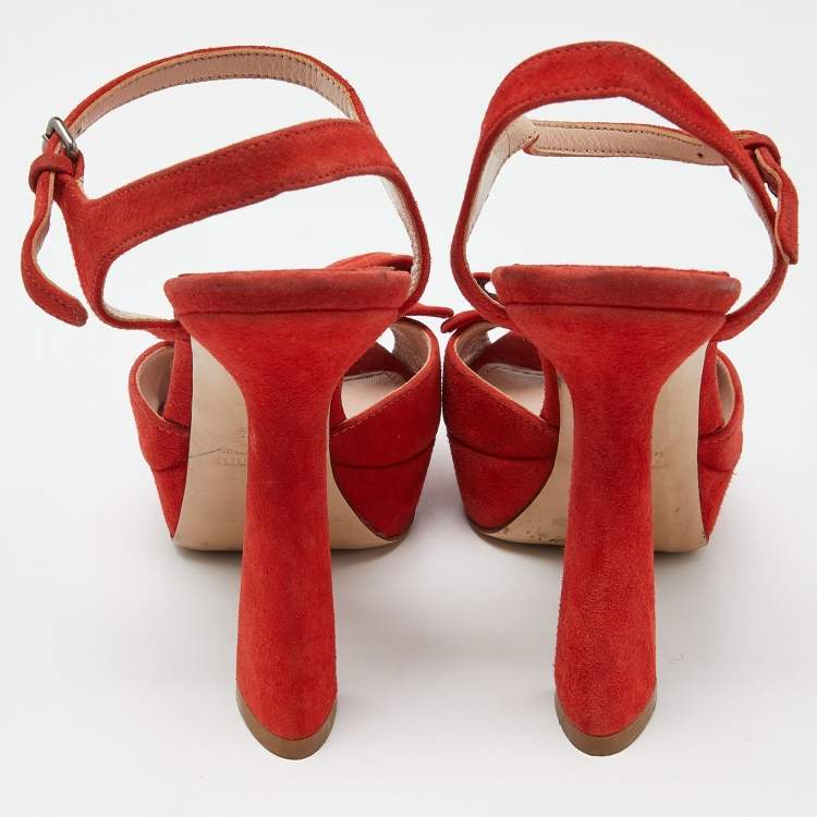 Pre Owned Miu Miu Orange Suede Platform Ankle-Strap Sandals Size 36.5