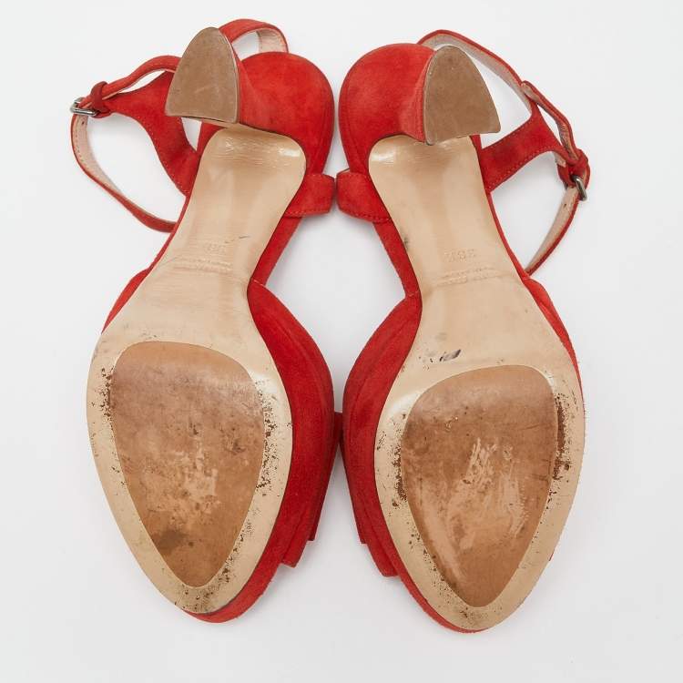 Pre Owned Miu Miu Orange Suede Platform Ankle-Strap Sandals Size 36.5