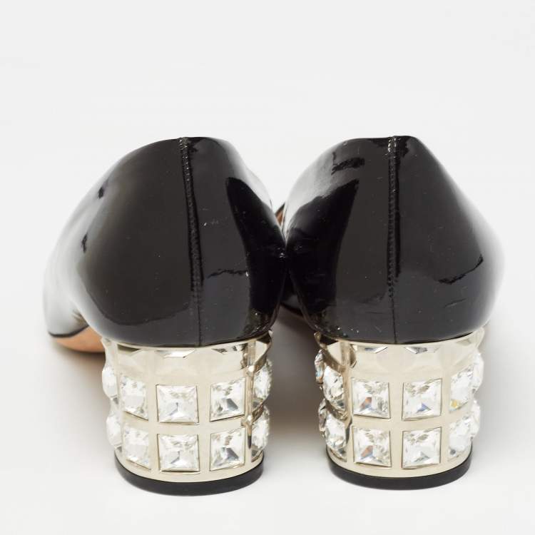 Pre Owned Miu Miu Black Patent Leather Crystal Embellished Block Heel Pumps Size 40