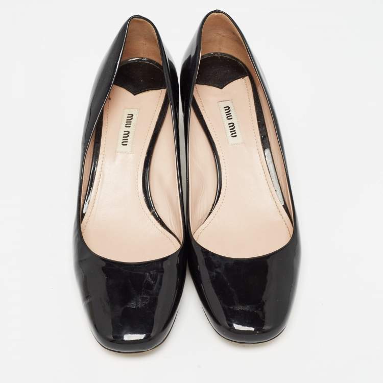 Pre Owned Miu Miu Black Patent Leather Crystal Embellished Block Heel Pumps Size 40