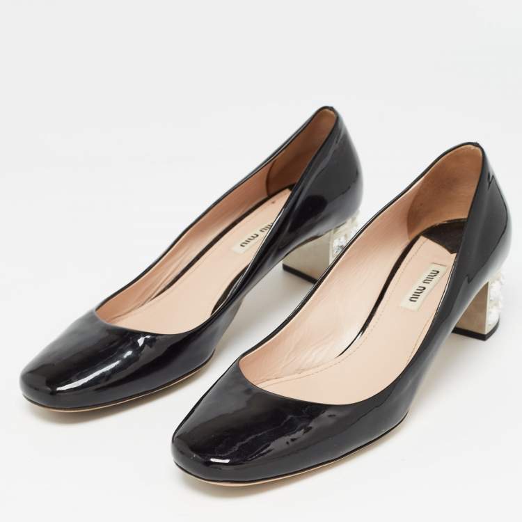 Pre Owned Miu Miu Black Patent Leather Crystal Embellished Block Heel Pumps Size 40