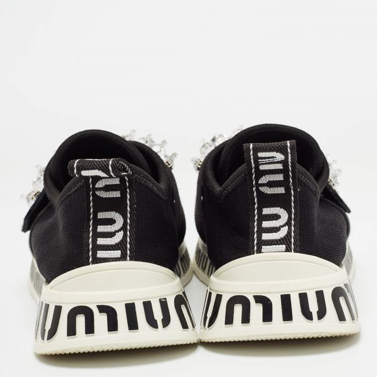 Pre Owned Miu Miu Black Fabric and Satin Crystal Embellished Slip On Sneakers Size 38.5